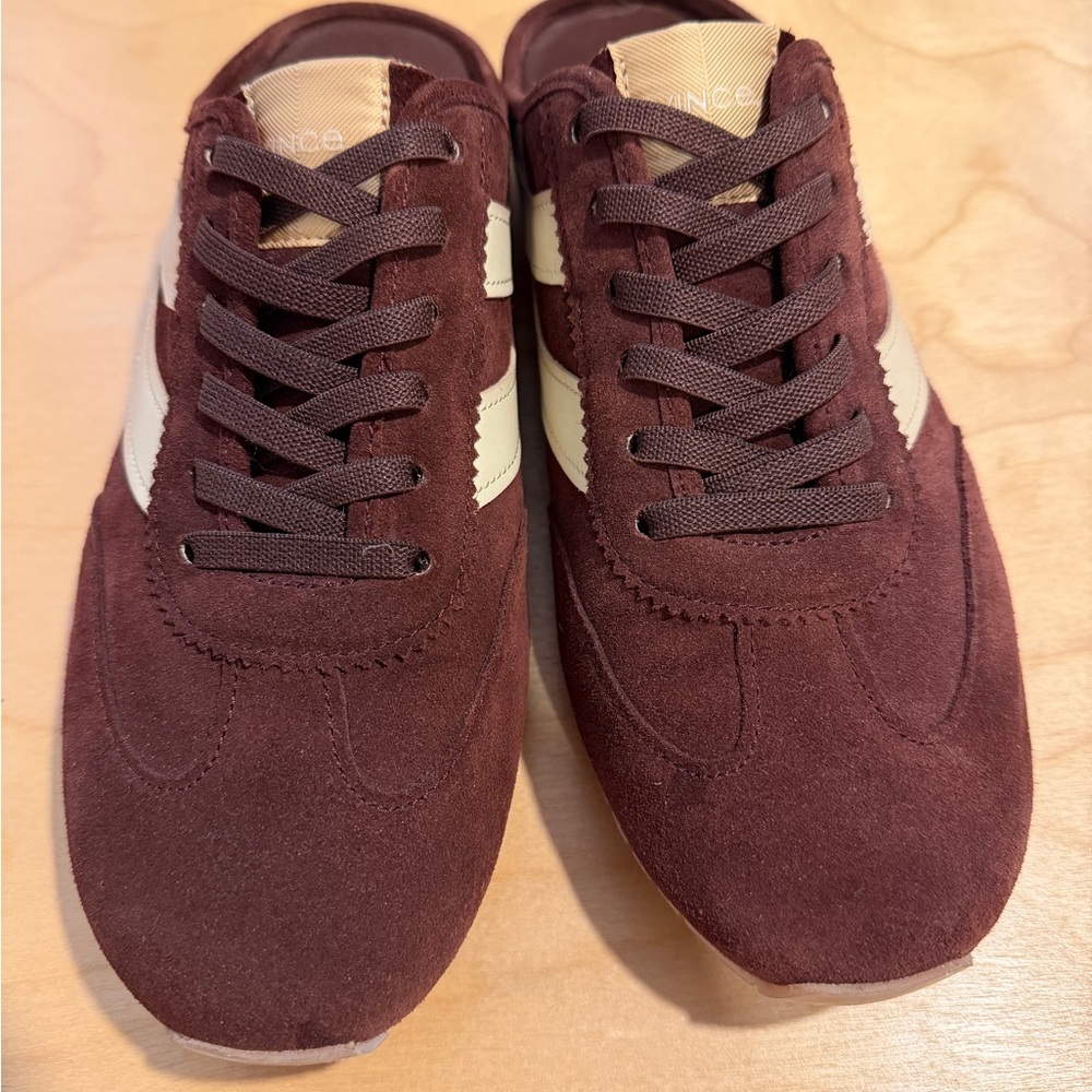 Vince Burgundy Suede Lace-Up Mules with Cream Stripe